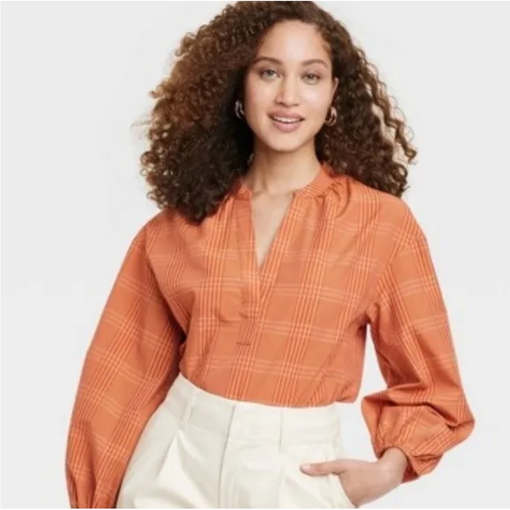 A New Day Popover Plaid Fall Blouse Size XL